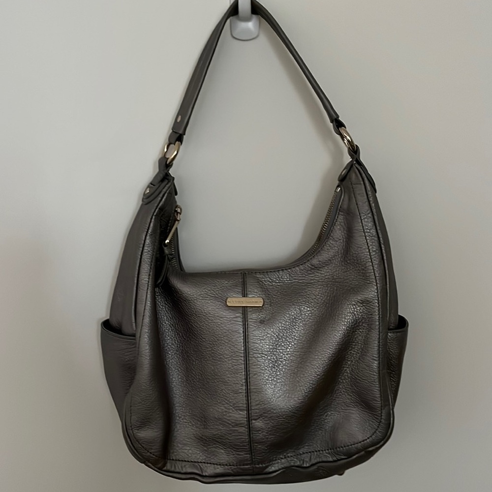 Cole Haan Shoulder One Strap Handbag Purse Silver Grey Soft Pebbled Leather